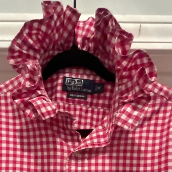 Upcycled Polo by Ralph Lauren Pink Gingham Ruffle Collar Button-Down Shirt - Picture 2 of 2